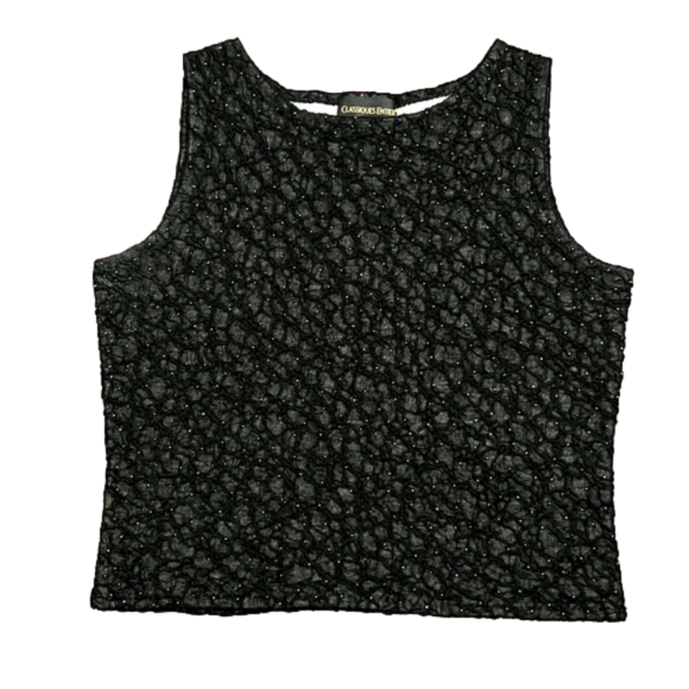 Classiques Entier Vintage Black Beaded Round Neck Tank Blouse Top - Size Large